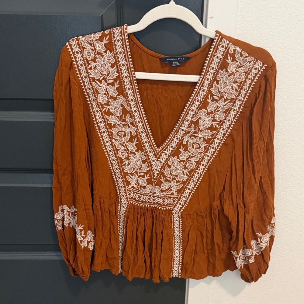 American Eagle Outfitters Rust Blouse with Ivory Embroidery
